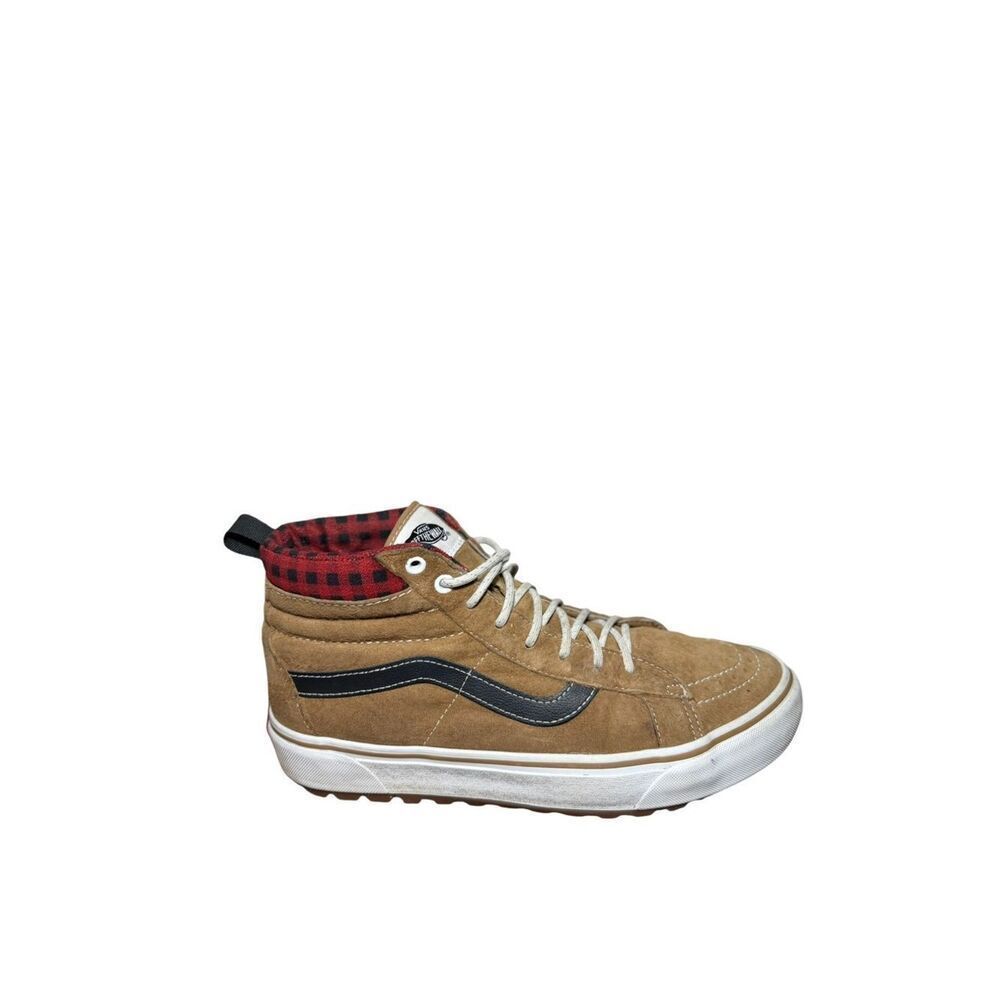 Vans Brown Suede High-Top with Black Side Stripe and Red Plaid Collar size 9.5